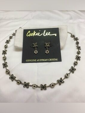 Cookie Lee Silver-Tone Floral Austrian Crystal Necklace (15") & Drop Earrings